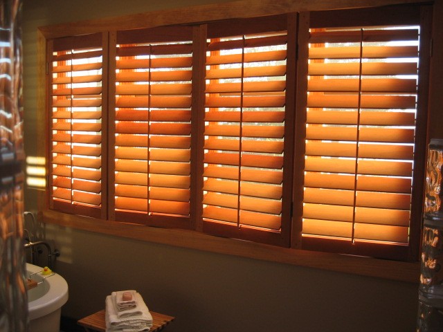 Californian operable louvered shutters used in a bathroom
