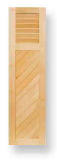 Style # 6162 H - Wood closet door with a 12" tall section of fixed 2.1/2" Plantation louvers over angled Tongue and Groove - Tapered louvers are available as an option.