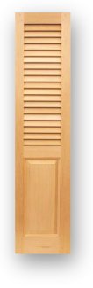 Style # 6232 - Wood closet door with fixed 2.1/2" Plantation louvers over Colonial rasied panel - Tapered louvers and flat panels are available as an option.